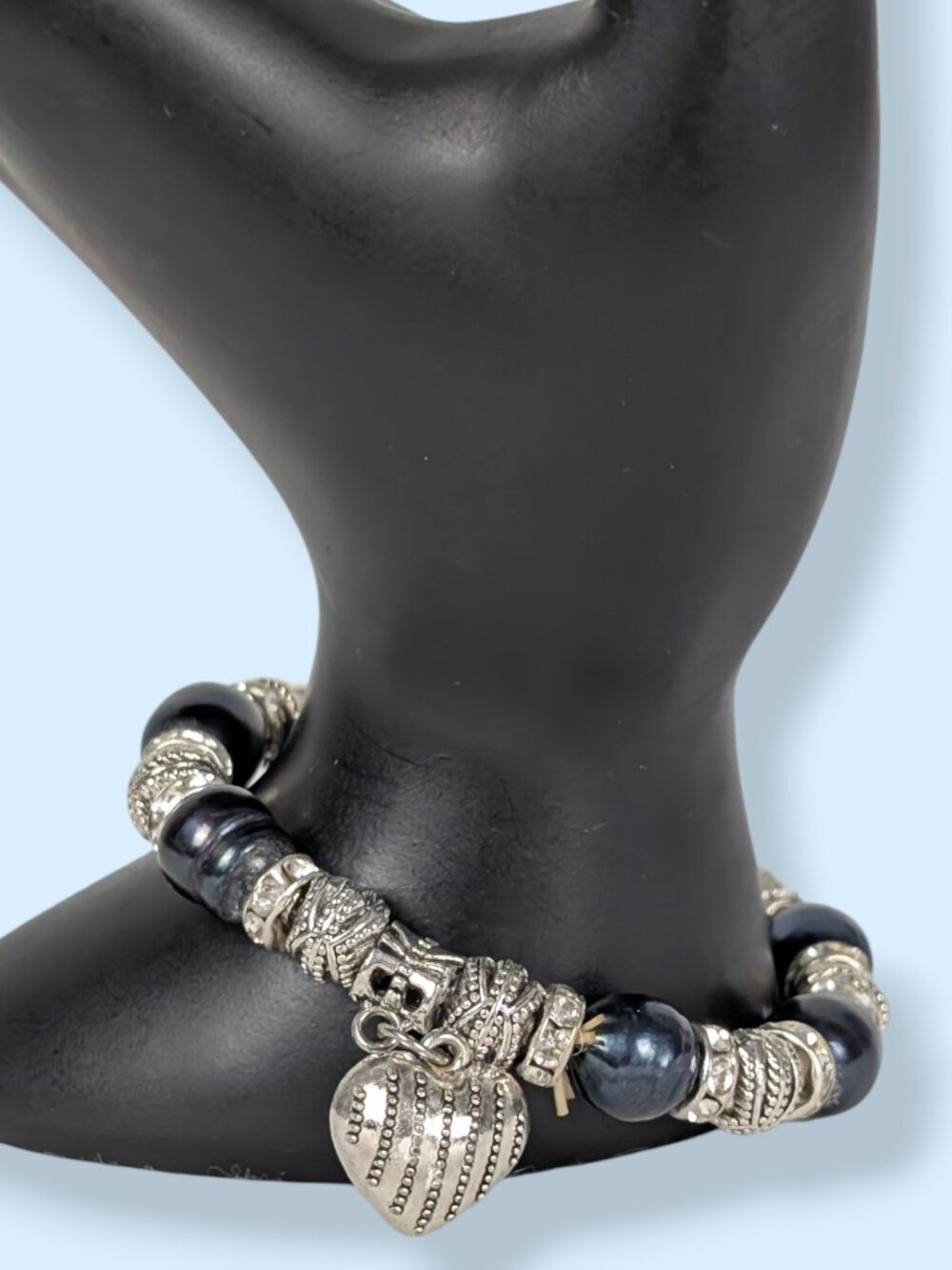 Silver Tone Dyed Freshwater Pearl Stretch Bracelet with Dangling Heart Charm